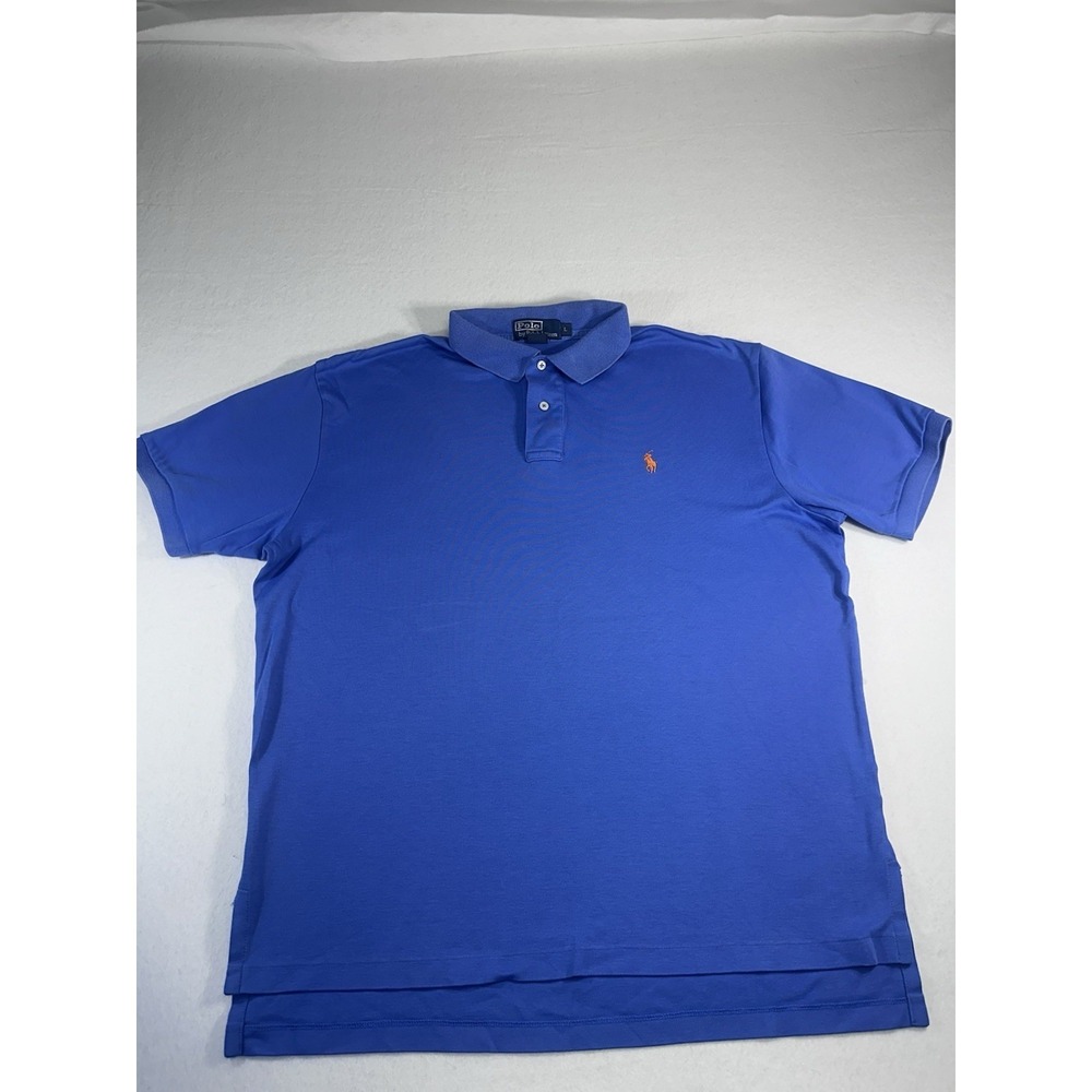 Polo Ralph Lauren Shirt Mens Large L Blue Pique Cotton Short Sleeve Orange Pony
